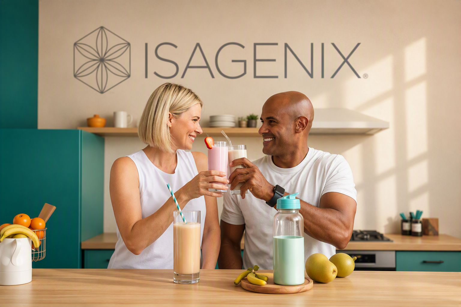 Ein Paar stößt mit Isagenix-Shakes in einer hellen Küche an